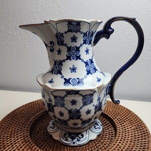 Bombay Fabrique Teapot Vase Porcelain Cobalt Blue Gold Trim‎ 9.34" Nancy Meyers